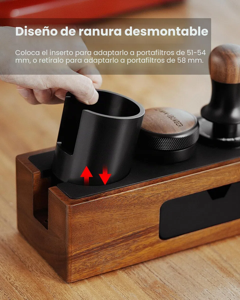 MHW-3BOMBER Estación de apisonamiento de espresso, caja organizadora 4 en 1 de nogal con cajón magnético para almacenamiento de espresso de 51 a 58 mm, distribuidor, portafiltro y accesorios de