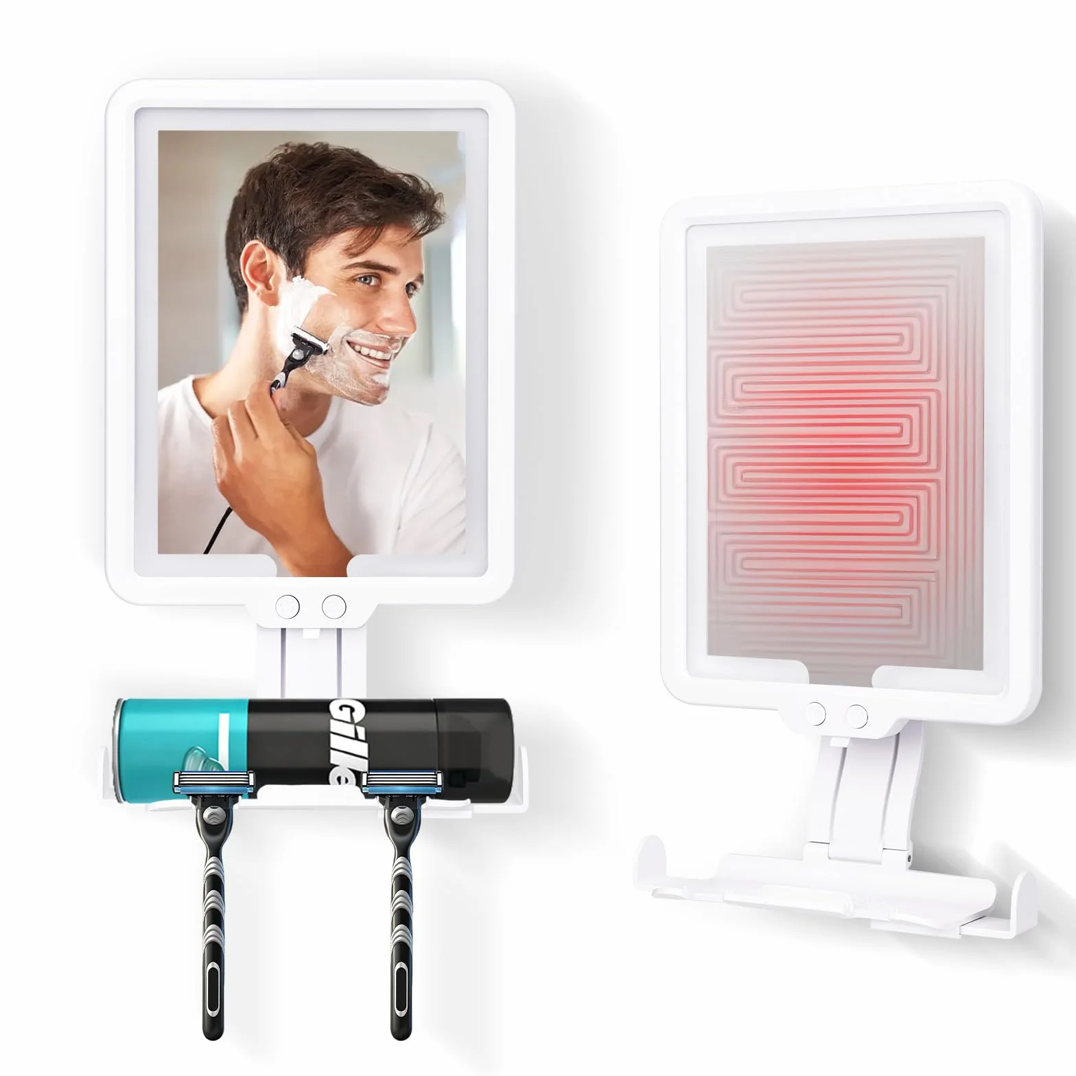 Espejo de Ducha antivaho LED,3 Temperaturas de Color Regulables,Espejo de duchasin vaho con luz Recargable con Compartimento y Soporte para Maquinilla,Montaje en Pared (Sin Taladrar),Blanco