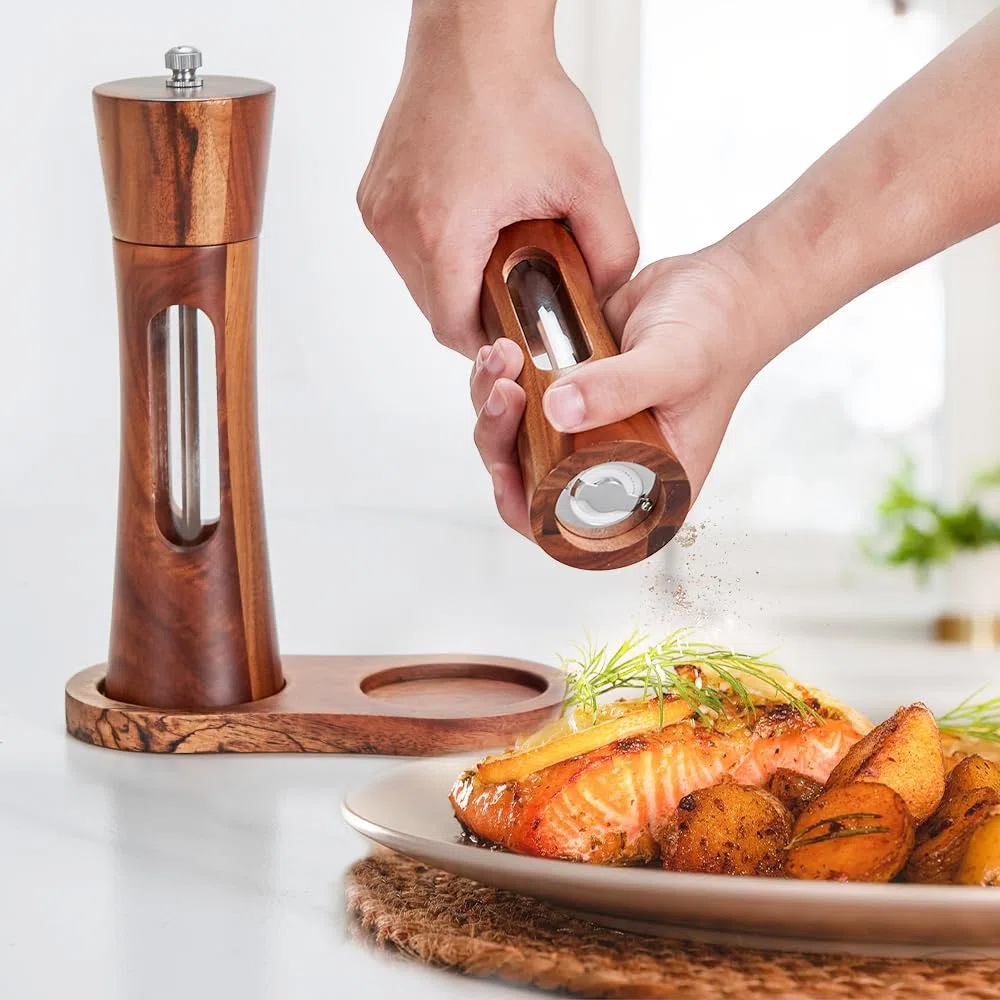 Juego de molinillos de sal y pimienta de madera de 8 pulgadas con bandeja manual para sal y pimienta