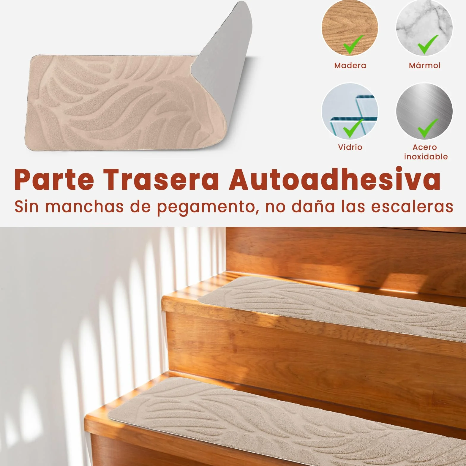 Alfombrillas para Escaleras Antideslizantes, 15 Alfombrillas Autoadhesivas Escalones Interiores, Recortables y Reutilizables - Protección para Mascotas, Mayores, Niños (Beige, 55x19 cm)