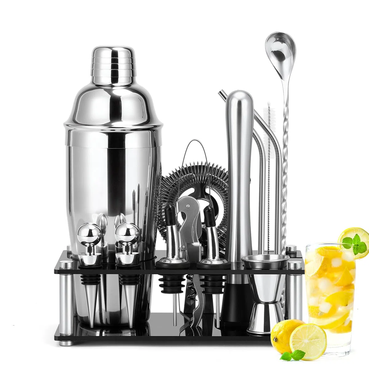 Cinnani 750ML Juego de Coctelera con Soporte,15 Piezas Juego de Coctéles de Acero Inoxidable,Set Cocteleria Profesional,Cocktail Kit,Bartender Set de Cóctel de Acero Inoxidable,Kit Cocktail de Barman