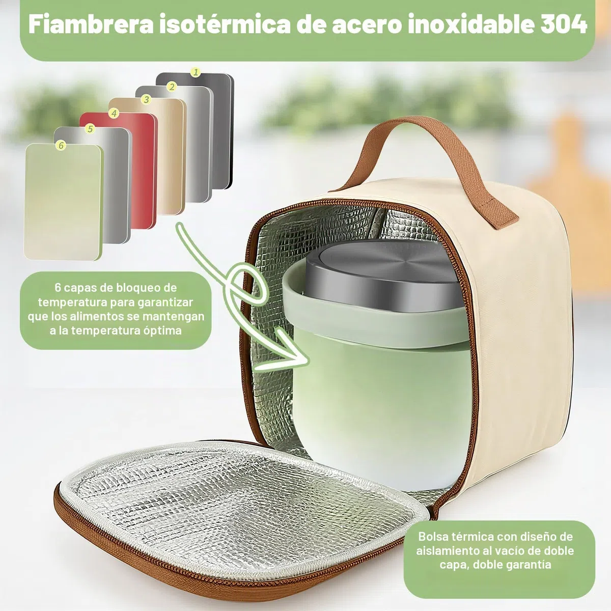 Contenedor térmico para alimentos, 1200 ml, de acero inoxidable 304, contenedor térmico para alimentos, termo para alimentos, a prueba de fugas con tapa, cuchara y bolsa térmica (verde)