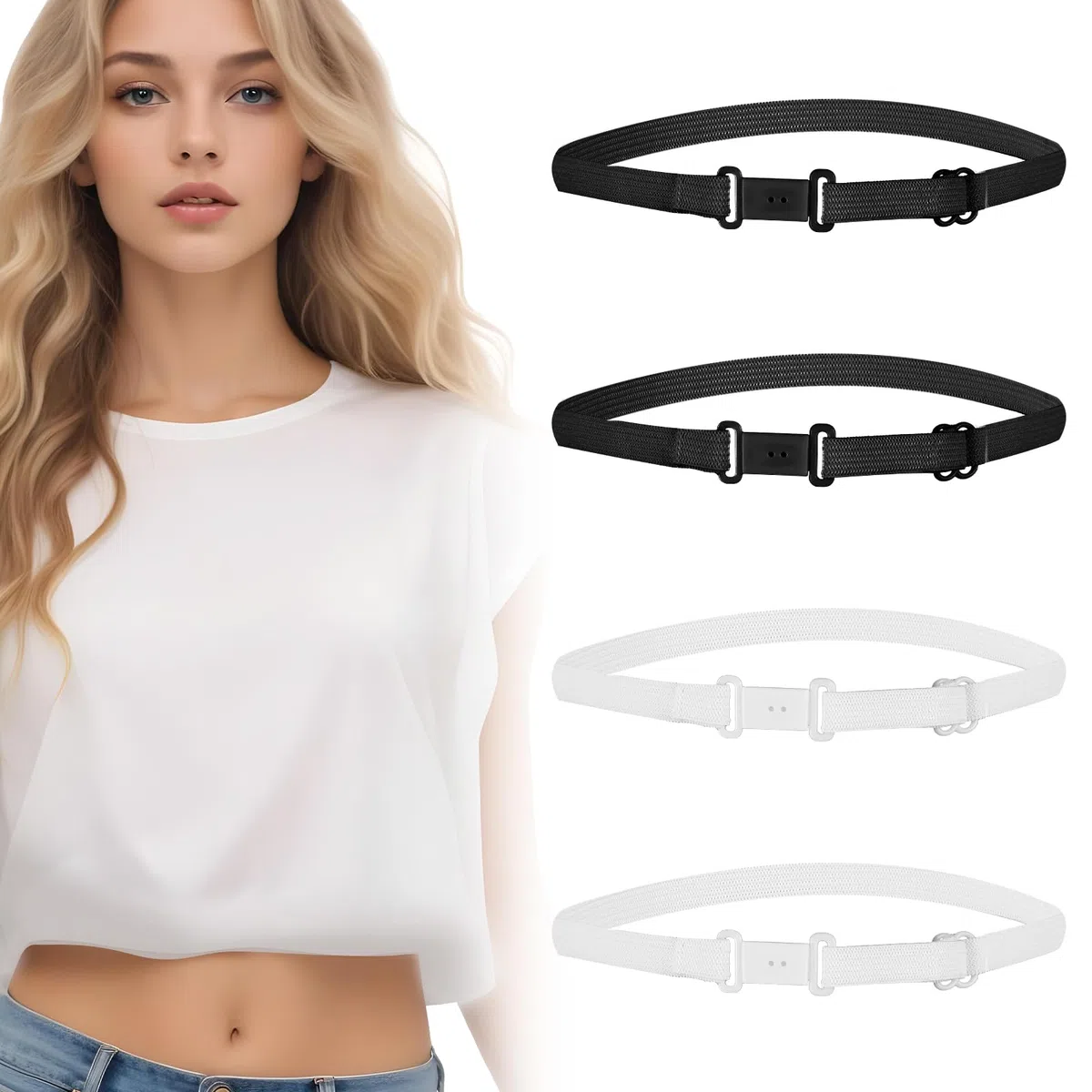4 bandas elásticas ajustables para camisas, bandas para camisas de mujer, bandas de corte para camisas, Blanco/Negro, Talla única