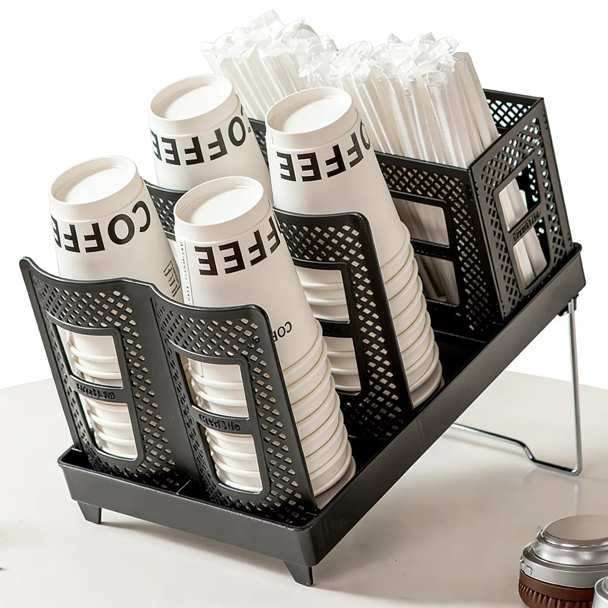 Organizador de tazas de café desechables, soporte para tazas y tapas con soporte, 6 compartimentos, organizador de vasos de papel, dispensador de vasos desechables para estación de café, oficina