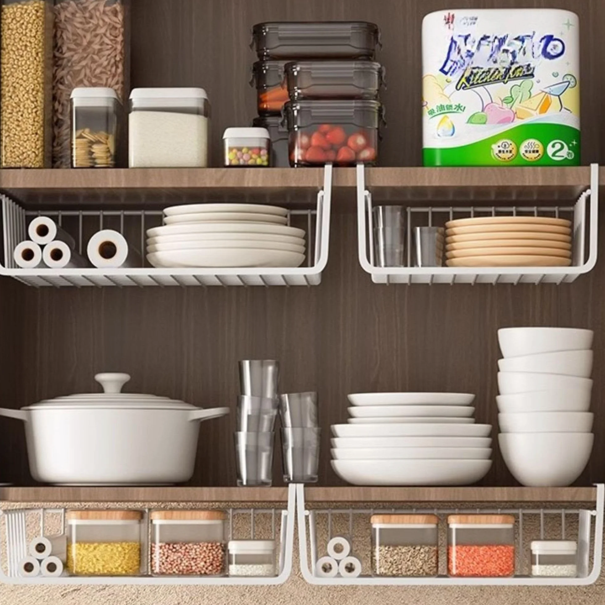 BEIJIALY 2 Piezas Cesta de Almacenamiento Colgante Debajo del Estante, Organizador de Metal para Debajo del gabinete, Cesta de Alambre Multiusos de Metal para Cocina, Oficina, despensa, Escritorio