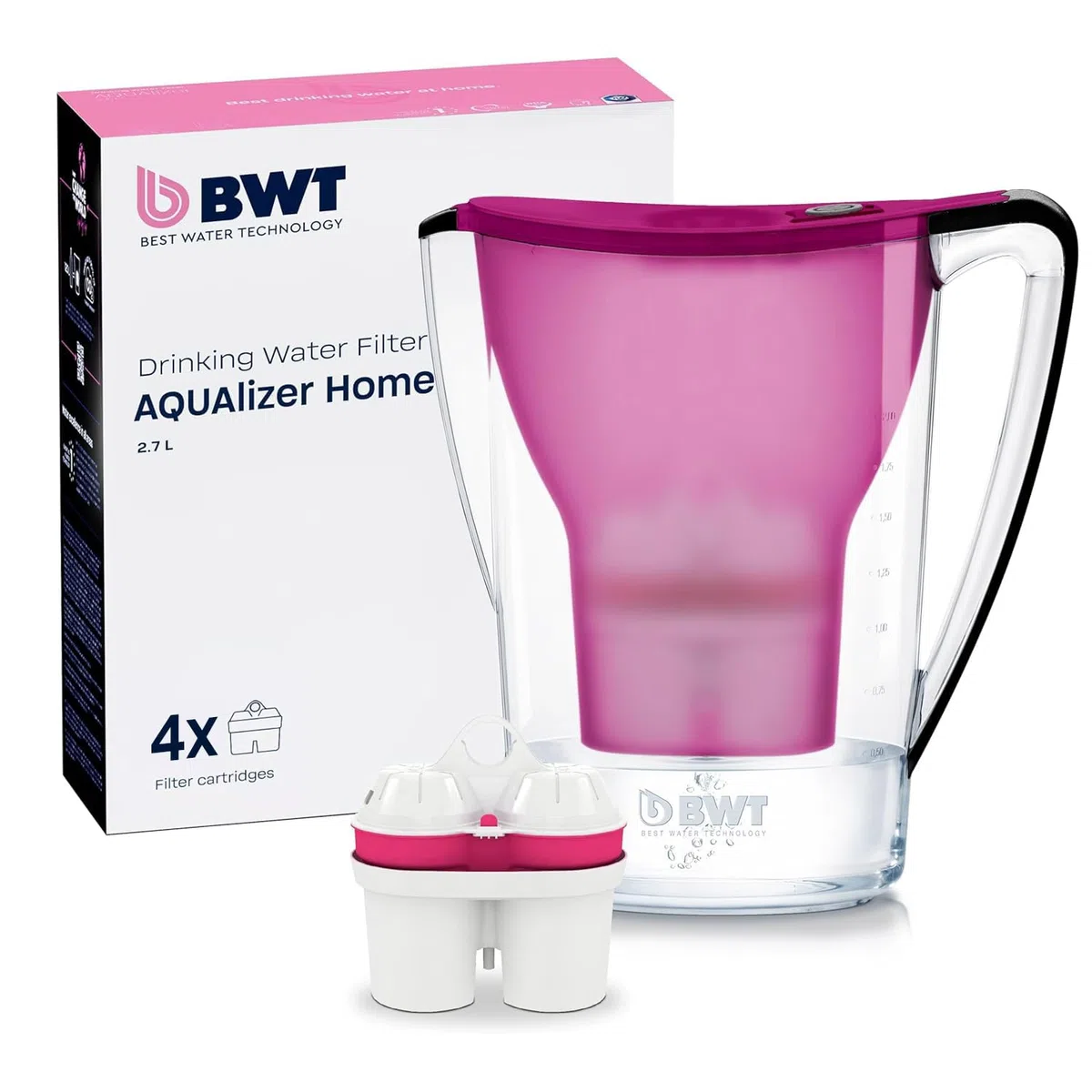 BWT Jarra Filtradora de Agua Aqualizer Berenjena 2,7L – Reduce Cal, Cloro e Impurezas y Enriquece con Magnesio – incl. 4 Cartuchos