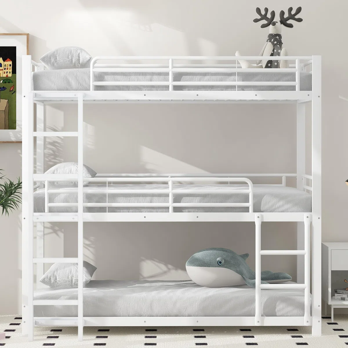 Lcoho Cama de metal, litera, cama de hierro, litera triple para niños, adolescentes y adultos (blanco)