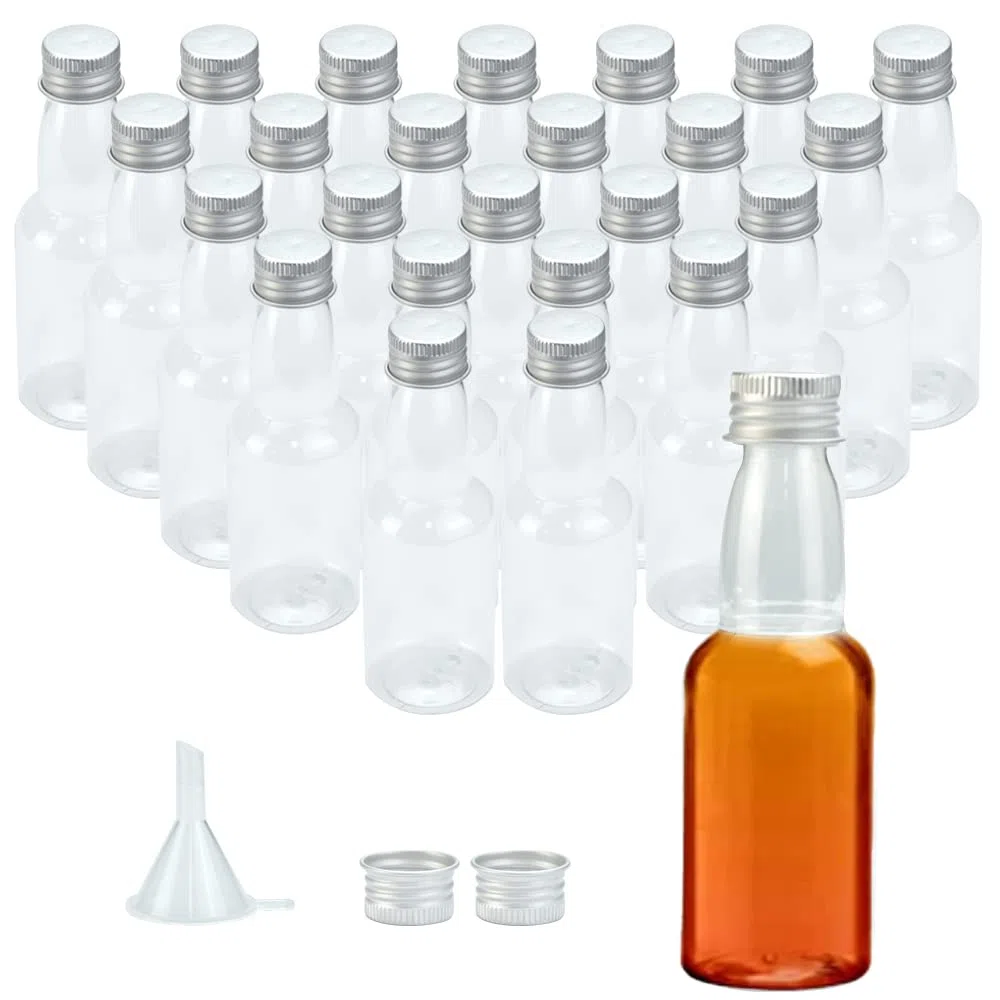 24 PCS Botellas Vacías para Licor 50ml Botellas de Plástico Vacías para Licor con Tapa Botella de Vino Pequeña Vacia Reutilizables con 1 Embudo Mini Botella para Bodas para Leche Zumo Aceite