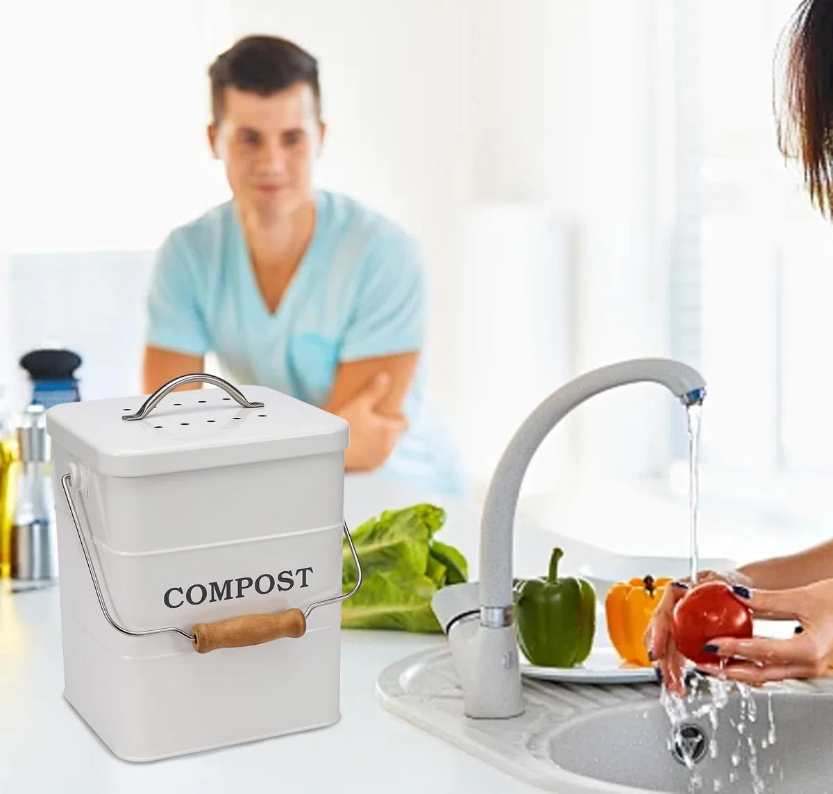 Cubo de Compostaje para Cocina 6L con Filtro de Carbón - Cubo Pequeño para Basura Orgánica, Acero Inoxidable Anticorrosivo, Ideal para Desechos de Alimentos y Reciclaje en Encimeras Blanco