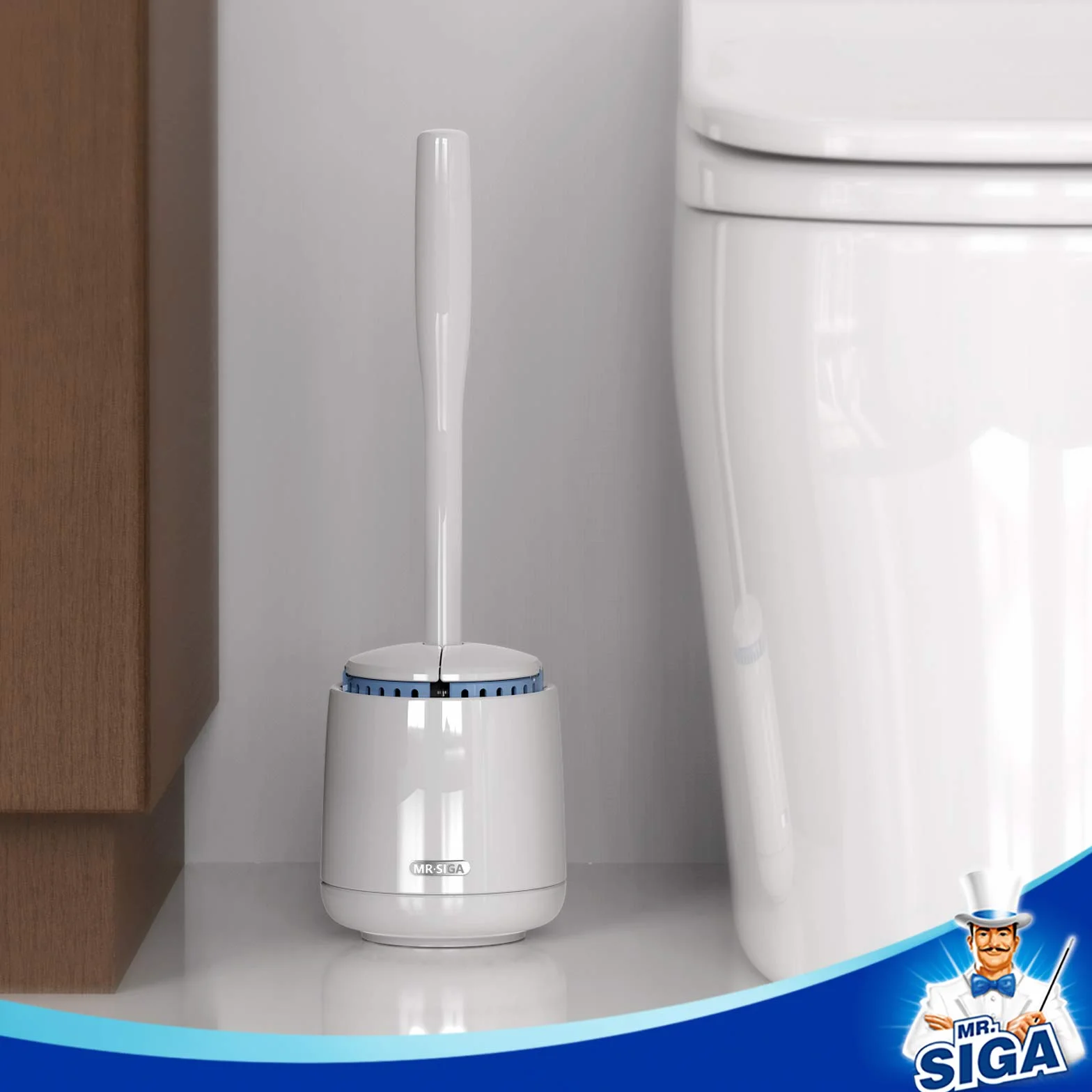 MR.SIGA Premium Cepillo y Soporte para Inodoro con Mango sólido y cerdas duraderas para la Limpieza del baño, Blanco