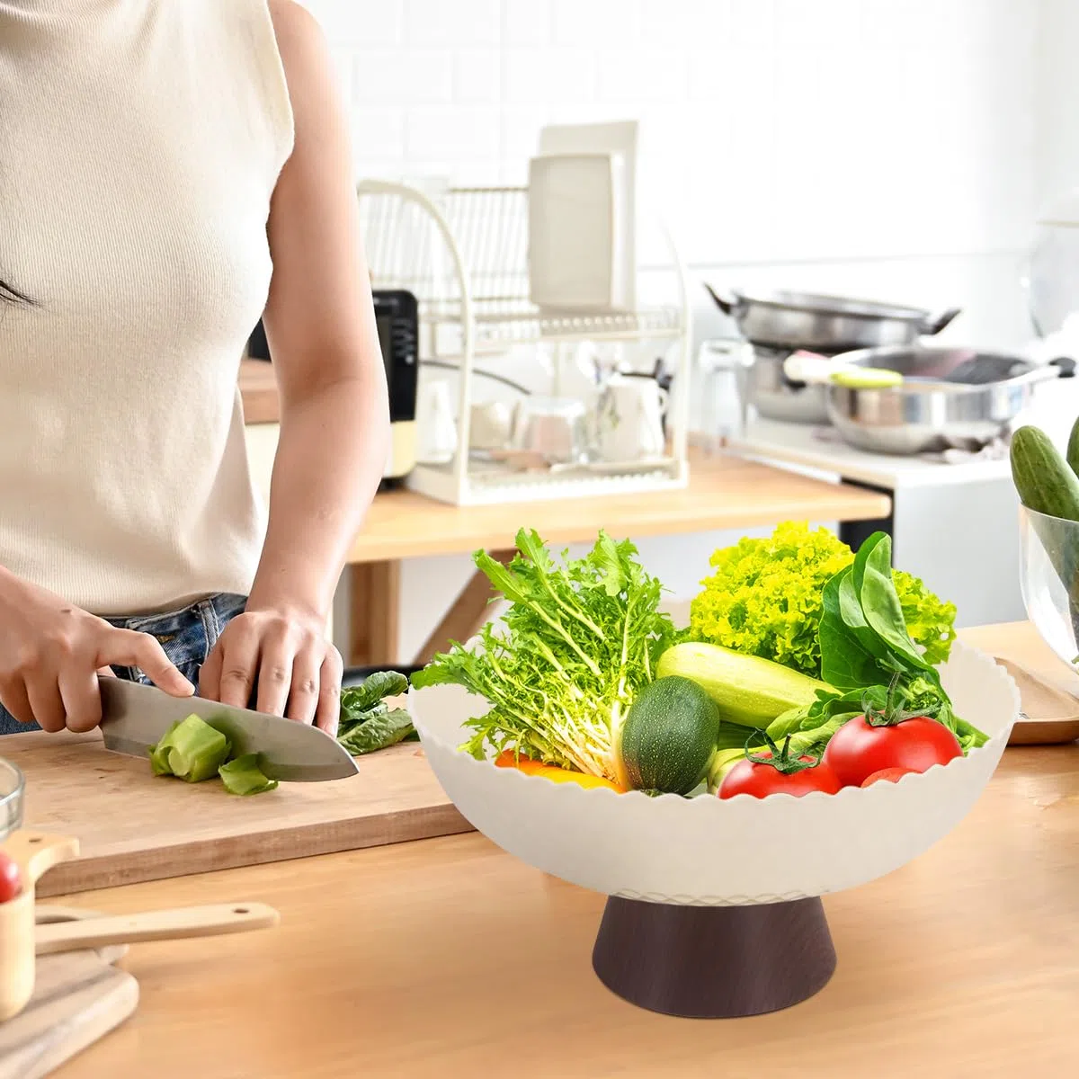 Frutero, cuenco de frutas de plástico, taza decorativa de pedestal de grano de madera, cesta de frutas decorativa, bandeja de almacenamiento de aperitivos (Blanco lechoso)