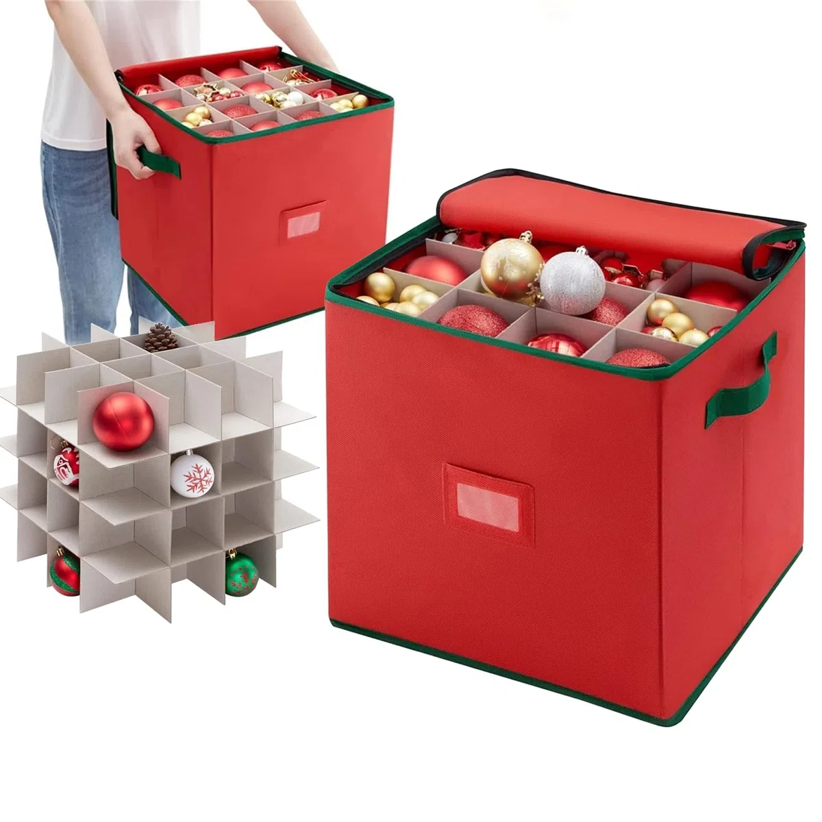Caja De Almacenamiento Para Bolas De Navidad Con Divisores Ajustables, Bolsa De Almacenamiento NavideñA Con 4 Niveles, ExtraíBle Con Asas, 64 Bolsas De Almacenamiento De Bolas, Tejido No Tejido