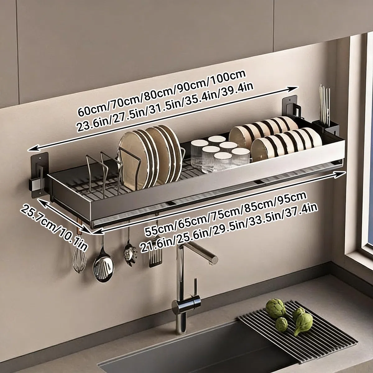 Escurridor de platos para colgar sobre el fregadero, estante colgante de acero inoxidable para platos, vasos y cubiertos, almacenamiento multifuncional que ahorra espacio, diseño de 60 cm