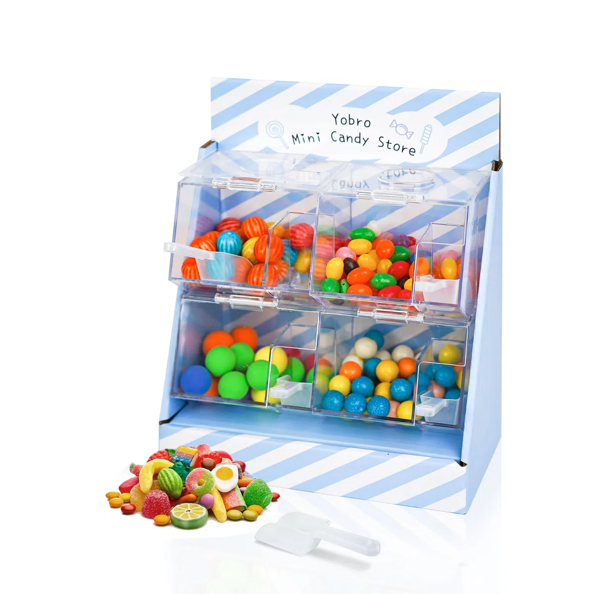 YOBRO Mini tienda de caramelos, dispensador de aperitivos con palas, barra de dulces, almacenamiento de dulces, recipientes acrílicos para alimentos (azul.)