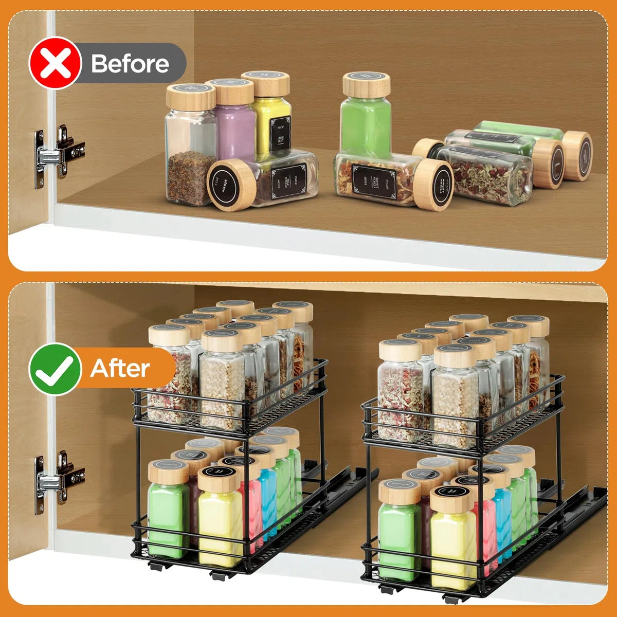 Cozary Organizador De Especieros Para Cocina Con 2 Niveles Extensible - Especiero Cajón Con Sistema De Rodamientos, Fácil Instalación, Material Duradero Para Almacenamiento En Gabinetes (26*15*21.8cm)