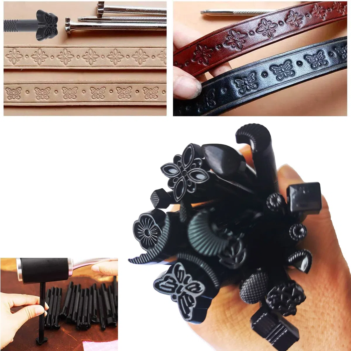 Juego de 20 herramientas de corte de cuero, estampado de cuero, herramientas de sello negro, kit de sello de diferentes formas para el procesamiento artístico de cuero
