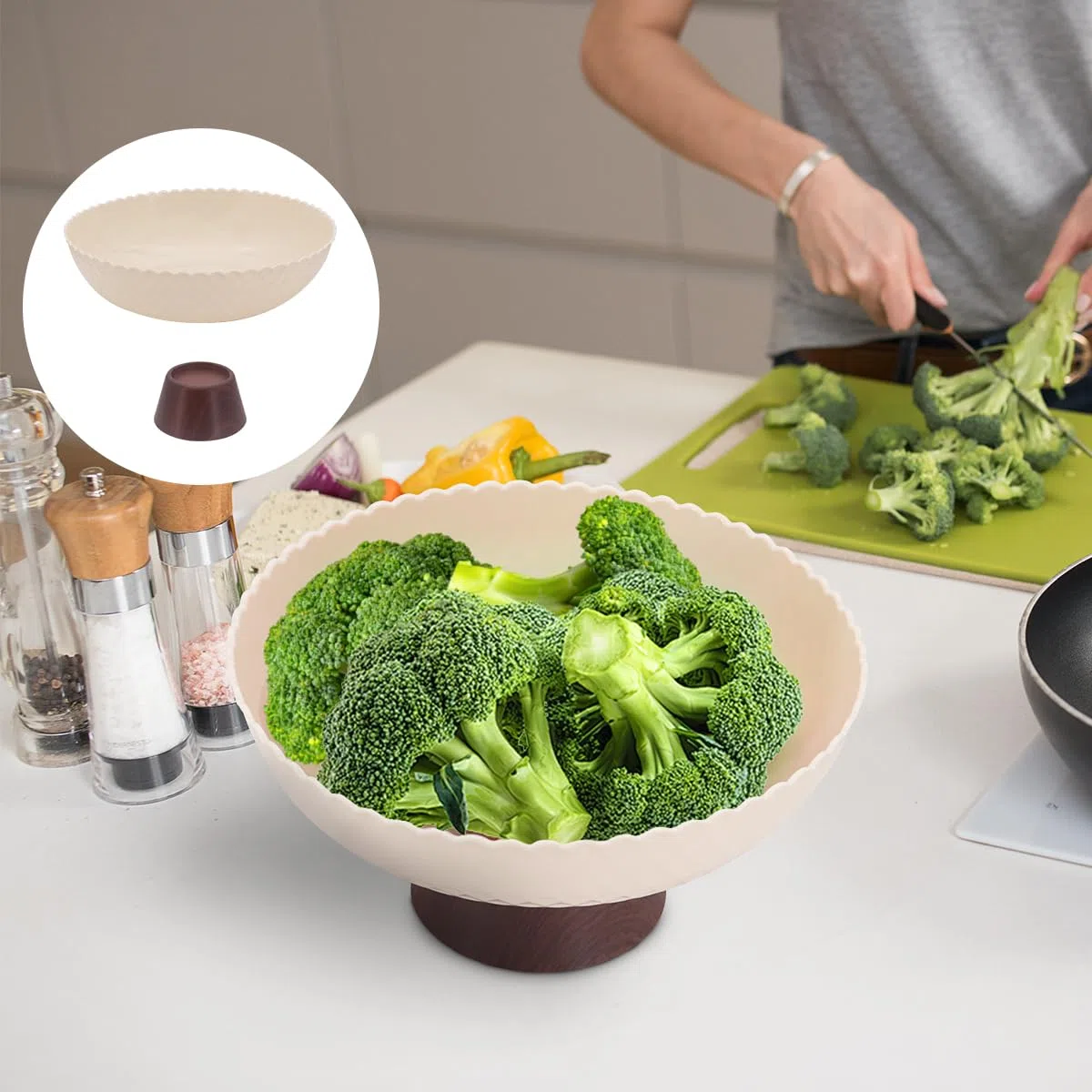 Frutero, cuenco de frutas de plástico, taza decorativa de pedestal de grano de madera, cesta de frutas decorativa, bandeja de almacenamiento de aperitivos (Blanco lechoso)