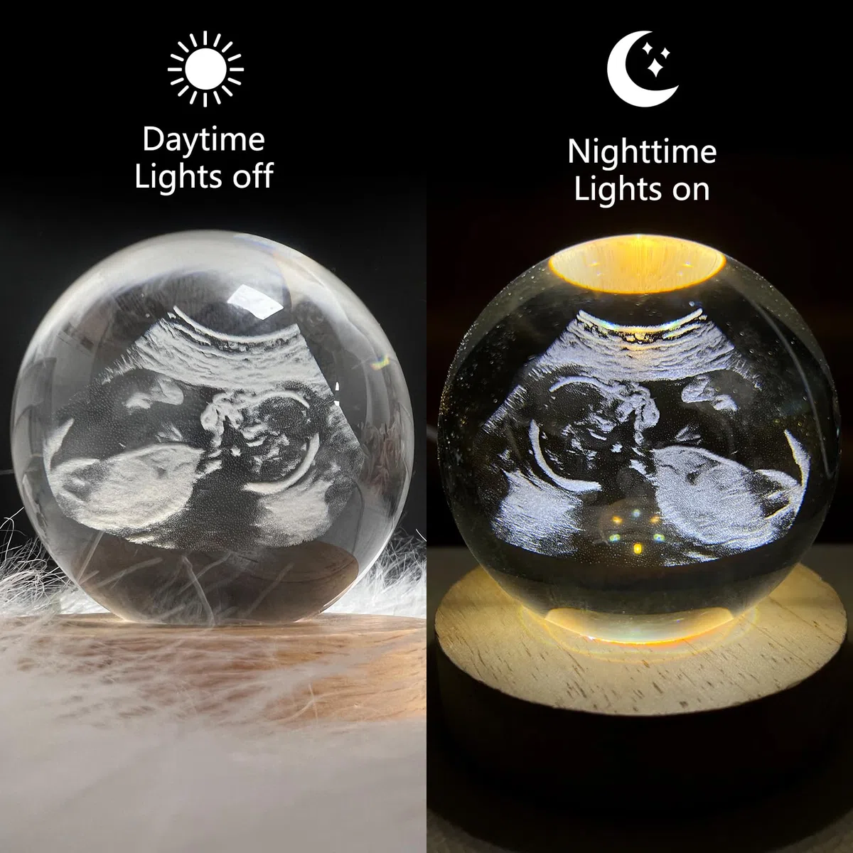 Bola de Cristal Personalizada con Base de Luz LED, Bola de Decoración con Grabado de Foto por Ultrasonido, Marco de Texto y Fotos Personalizable, Regalos Sorpresa para Futuros Padres