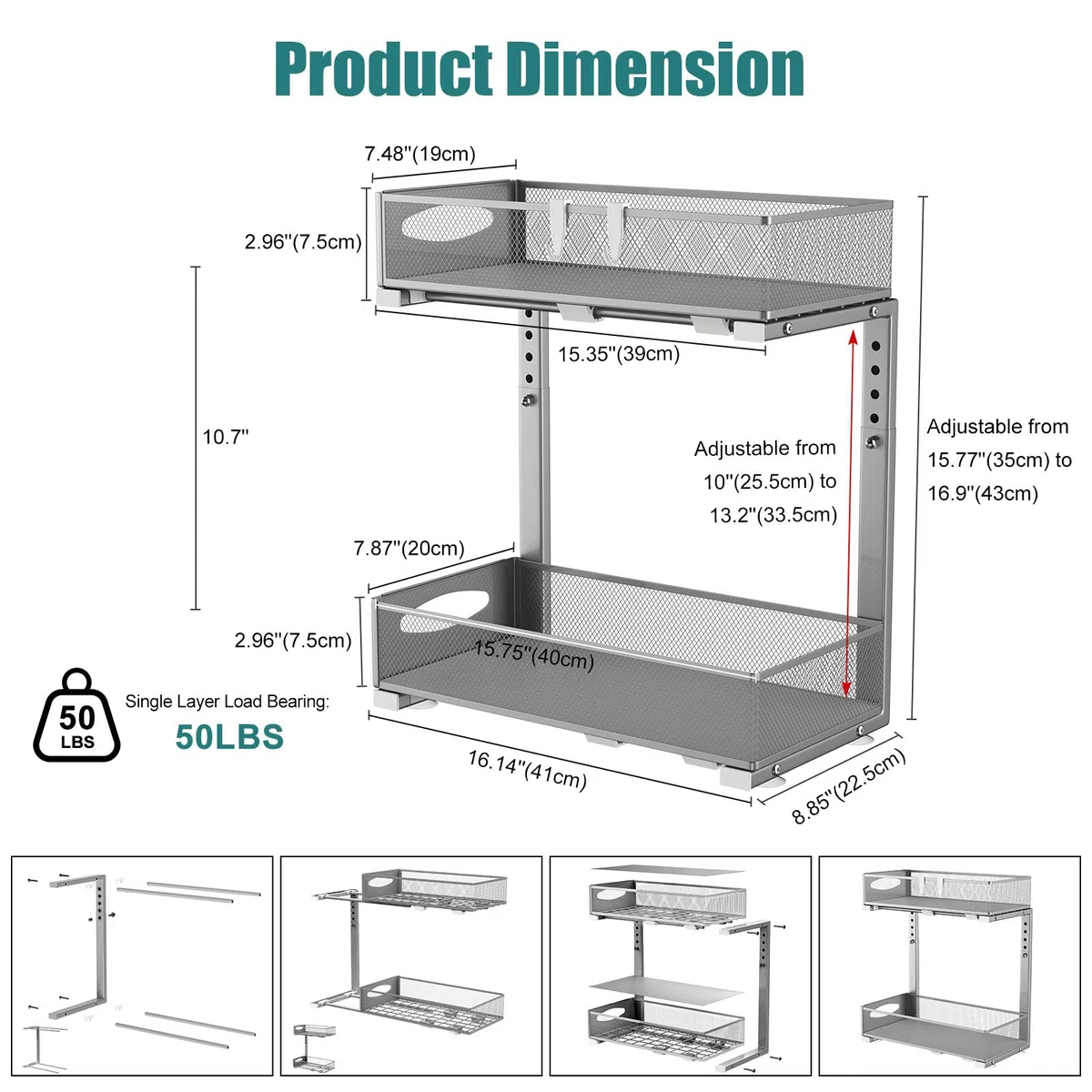 Housolution Organizador Bajo Fregadero de Metal, 2 Niveles Estanteria Bajo Fregadero Extraible con Altura Ajustable, Estante de Almacenamiento Bajo Fregadero para Cocina, 1 Pieza, Gris