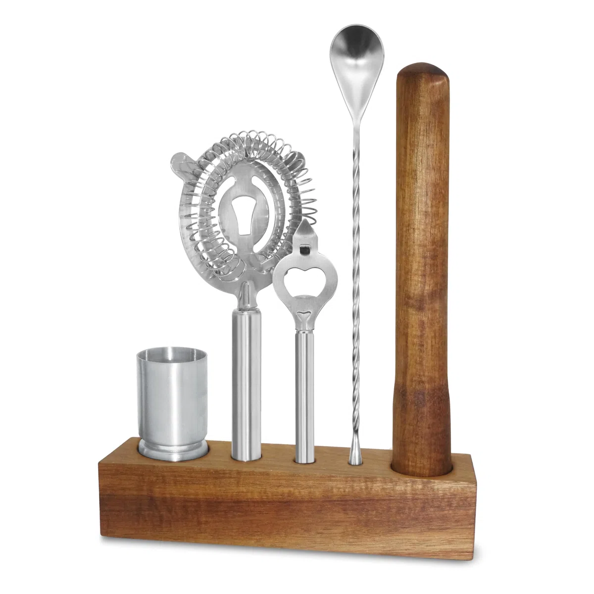 OGGI Kit de camarero delgado de 6 piezas, accesorios ideales para carrito de bar, decoración de bar, accesorios de bar para el hogar, kit de camarero, base de acacia y mortero, agitador inoxidable,