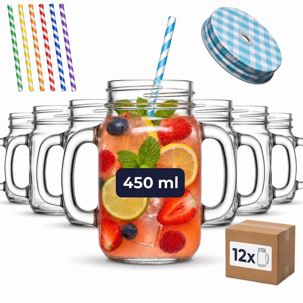 gouveo Juego de 12 Vasos 450 ml con tapa de rosca (0,45 l) plateado + azul – Vaso con asa y pajita reutilizable de plástico rígido para limonada, cócteles, jardín (TGH450SB)