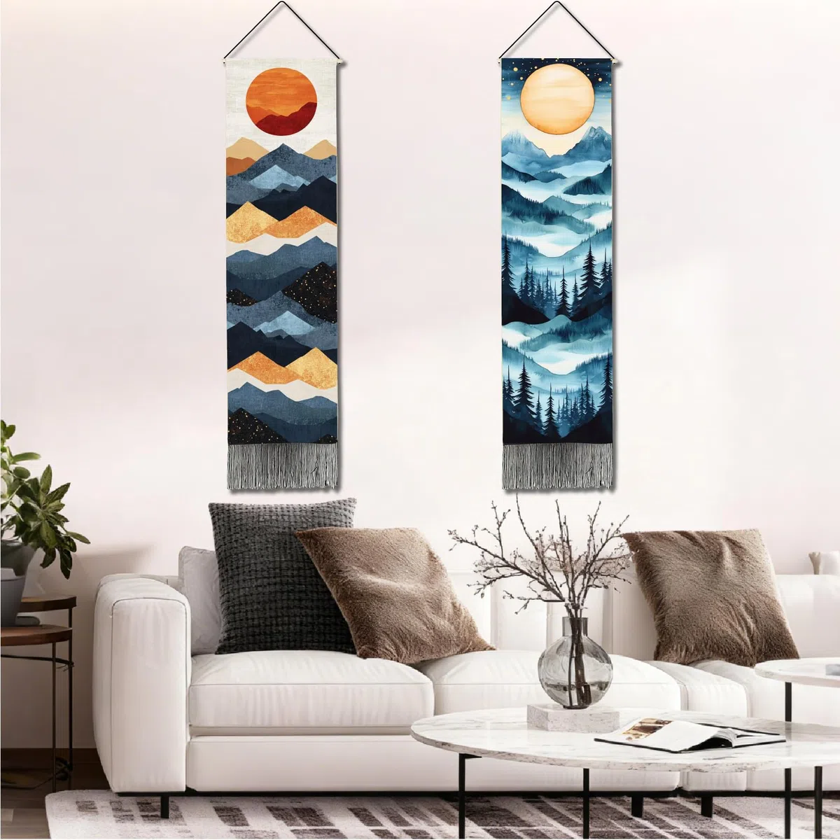 PRESSINART 2 piezas 2 estilos Tapiz Largo Boho Vertical Luna Montaña Tapiz Bosque Árbol Estética Naturaleza Paisaje Arte Borlas Negras Colgante de Pared para Decoración de Dormitorio Sala de Estar