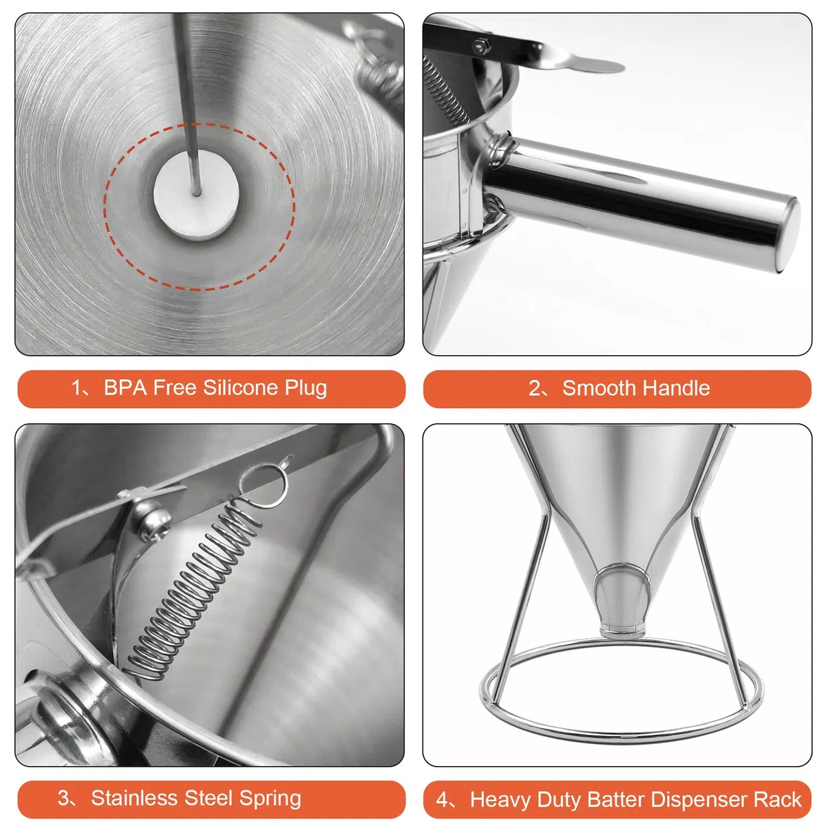 Dispensador de masa de panqueques de acero inoxidable, dispensador de pasteles de embudo de 0.6 L con soporte, herramienta de horneado resistente para cupcakes, gofres y pasteles
