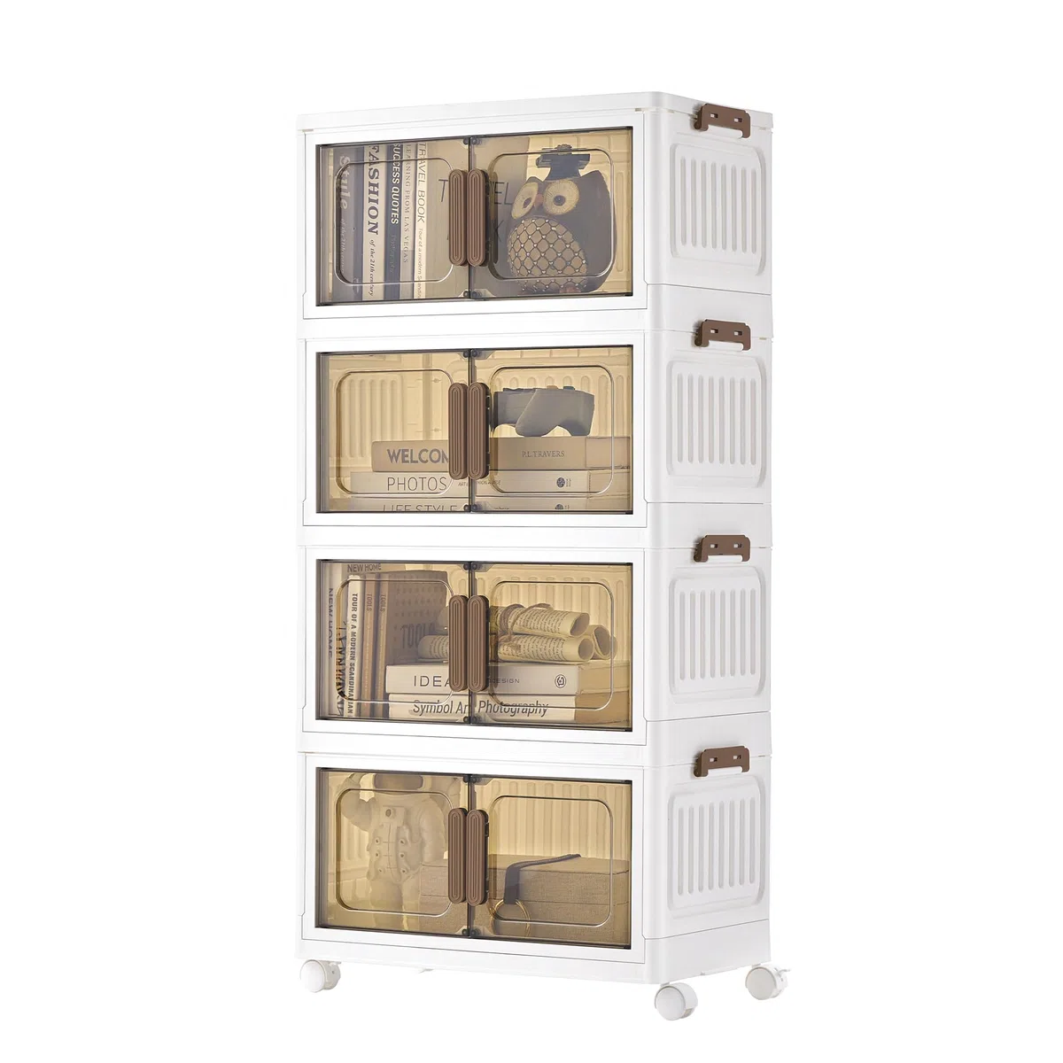 SONGMICS Cajas de Almacenamiento de 4 Niveles, Organizador con 1 Tapa, Cajas Apilables, con Ruedas, de Plástico, con Puerta Magnética, Blanco, 25 L por Nivel, RLB445WZ01
