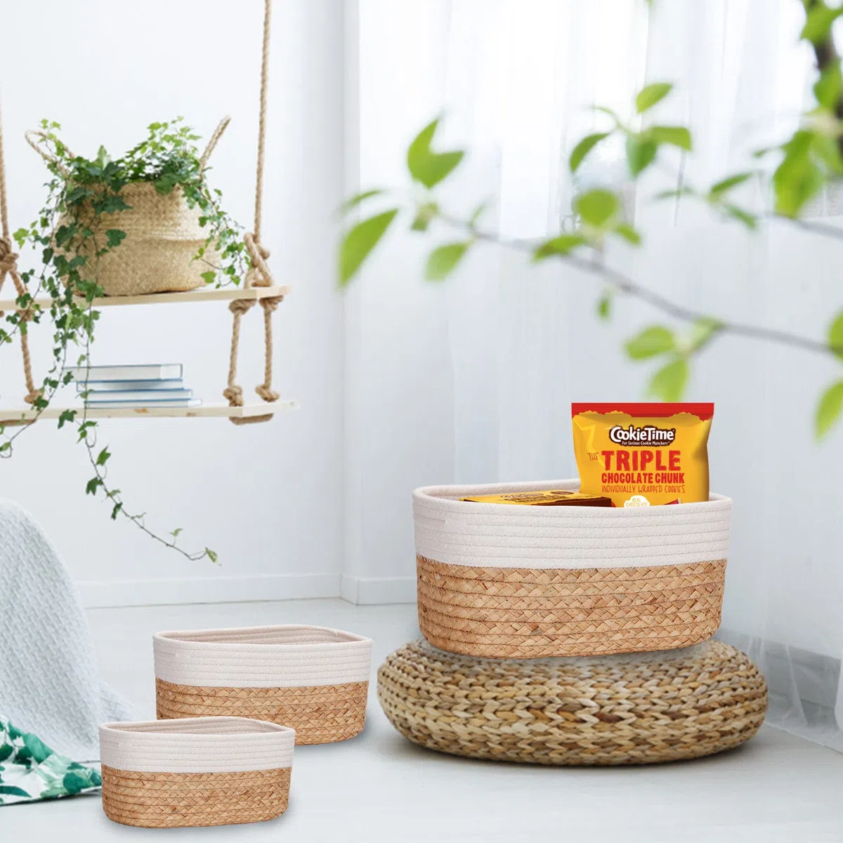 Cesta de almacenamiento, 4 cestas trenzadas, juego de jacinto de agua y algodón, caja organizadora para baño decorativa, baño o dormitorio