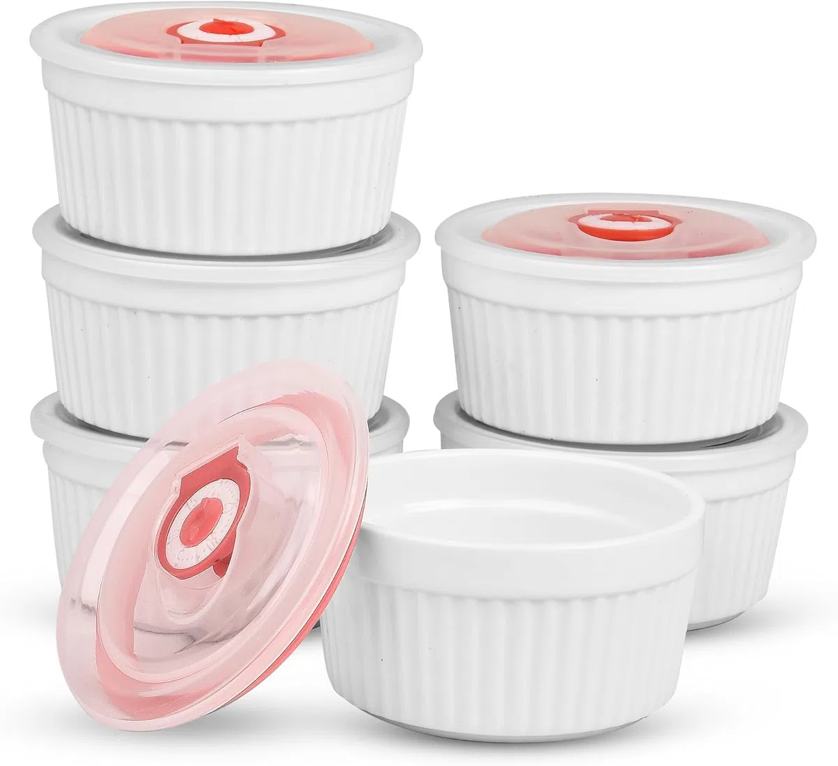 MEETOZ Ramequines con tapas de 8 onzas, porcelana blanca para creme brulee con cubiertas, vasos de cerámica para hornear, pudín, natillas, helados, juego de 6, aptos para lavavajillas y horno,