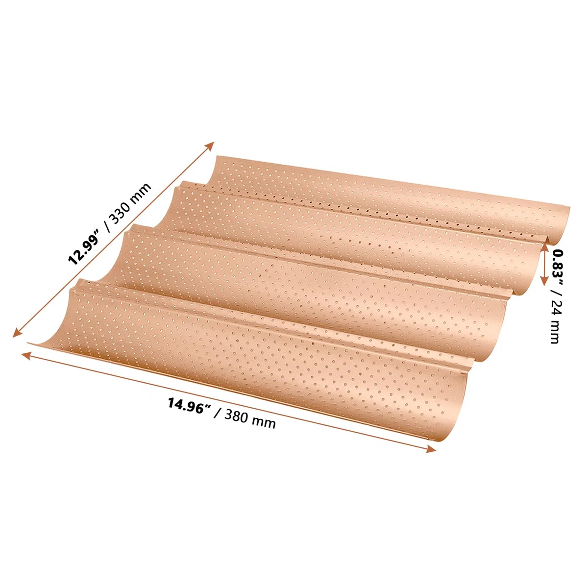 3 bandejas para hornear baguettes para 4 baguettes, acero al carbono, perforadas, molde para baguettes, pan, 38 x 33 cm, antiadherente, oro rosa