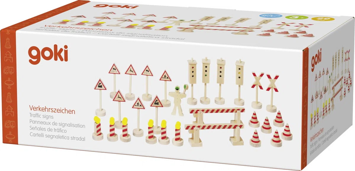 Goki Toys Pure WM380 - Señales de tráfico de Juguete (29 Piezas, Altura Entre 4,5 y 12,5 cm)
