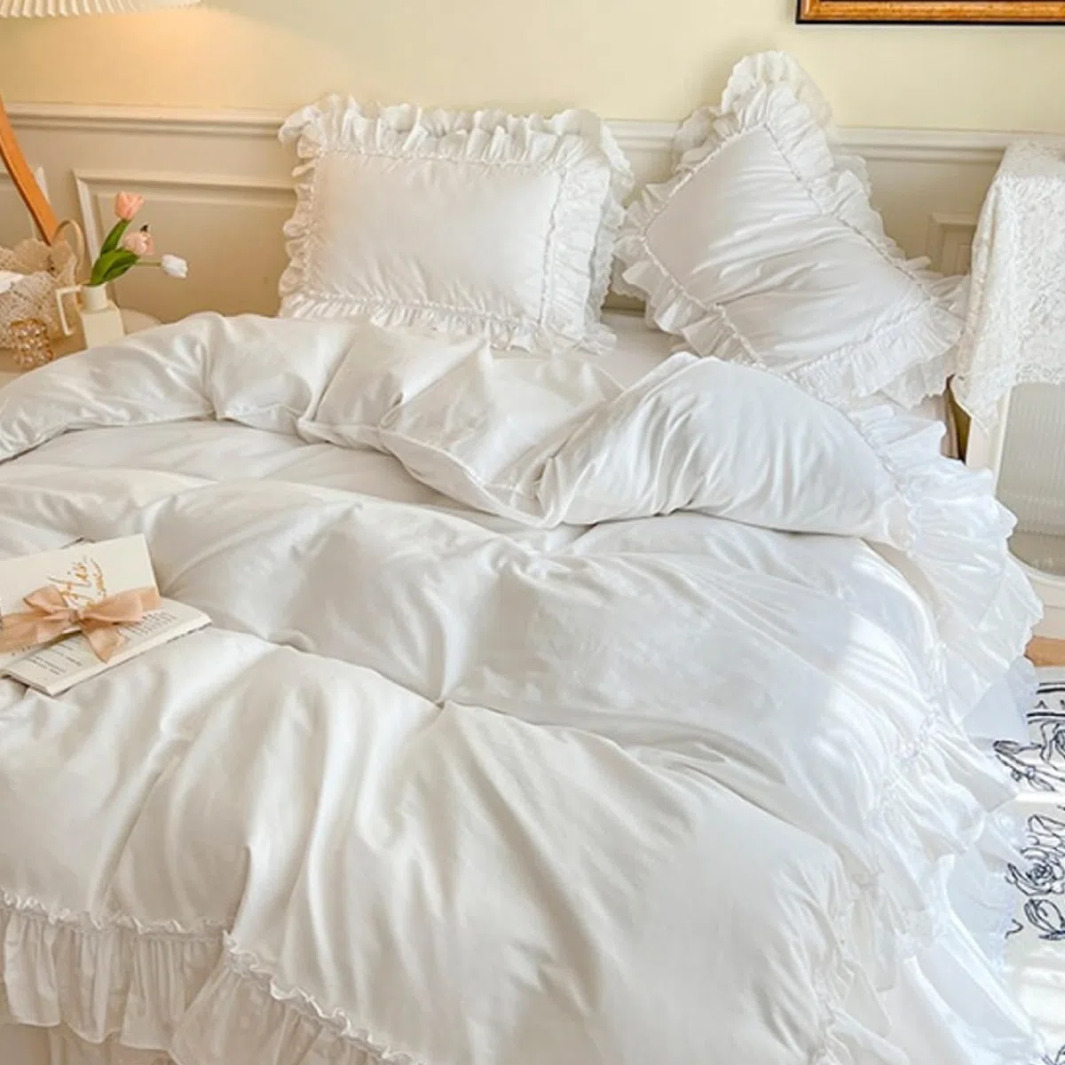 2 uds Funda de Almohada con Volantes, Fundas de Almohada Suaves de algodón de 19x29 Pulgadas con Encaje, Elementos Esenciales Vintage para el hogar para Dormitorio, Cama, Fundas Blancas