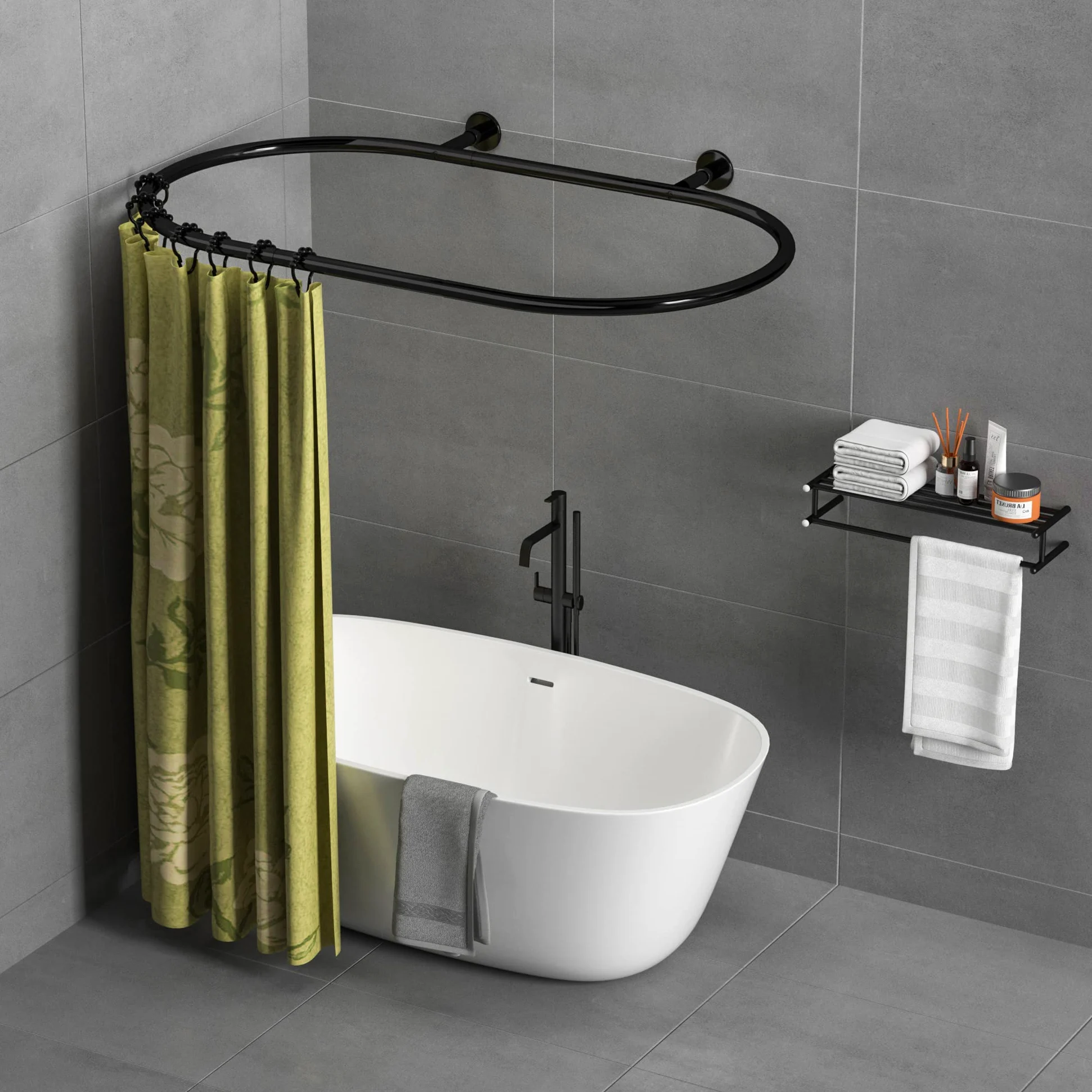 Barra de cortina de ducha ovalada de aleación de aluminio con forma cuadrada para bañeras de pie (negro: 55 pulgadas de largo, 25 pulgadas de ancho)