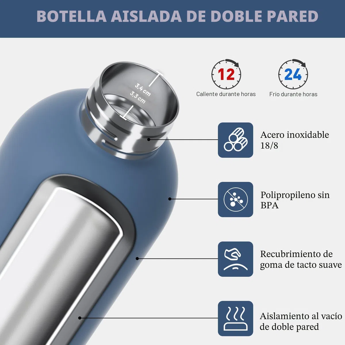 Exllena Botella Térmica 1.5 Litros – Botella Agua Acero Inoxidable 304, Botella Acero para Agua Fría y Caliente, 100% Estanco con Asa y Gancho – Ideal para Viajes, Gym y Exterior(Azul grisáceo)
