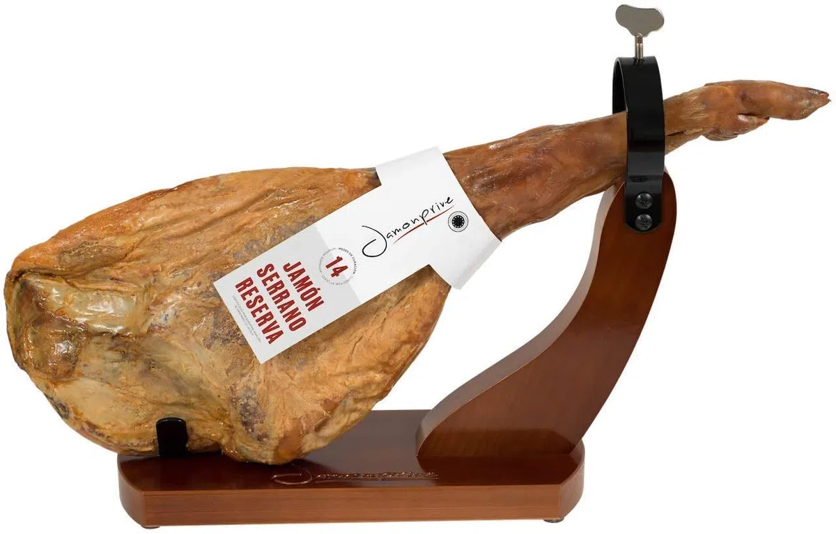 Soporte Jamonero Lacado Nogal y Gomas Antideslizantes + Cuchillo + Chaira - Jamonera ideal para Jamón Serrano e Ibérico Jamonprive