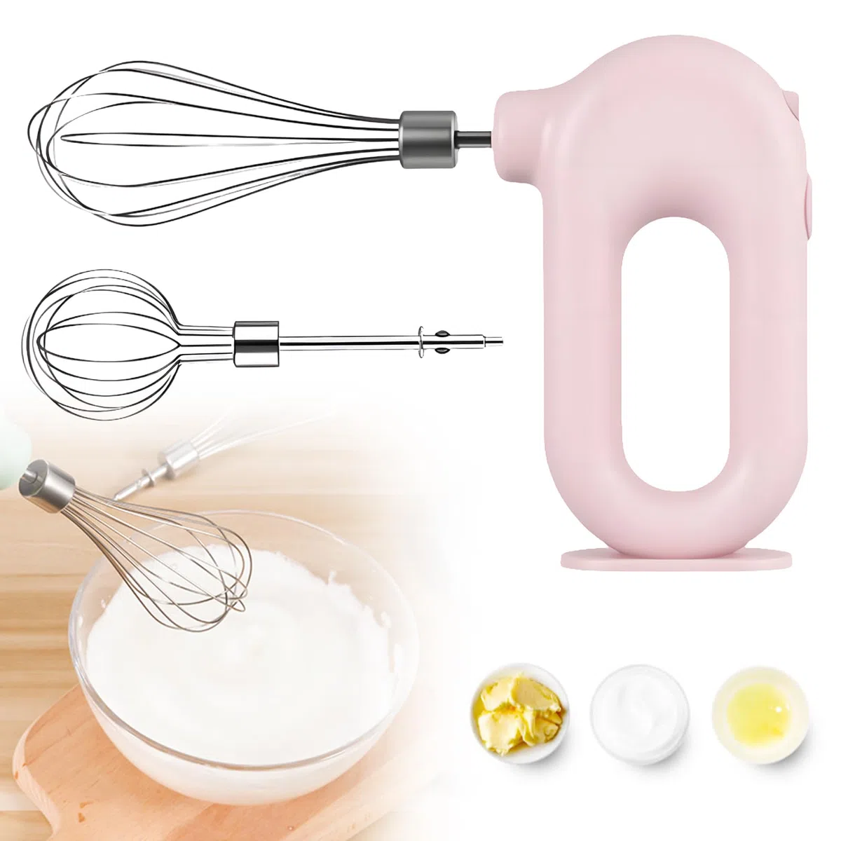 Batidora de mano eléctrica: Potente batidora de mano inalámbrica rosa con 4 velocidade, 2 batidores de acero inoxidable, batidora eléctrica inalámbrica para hornear pastele