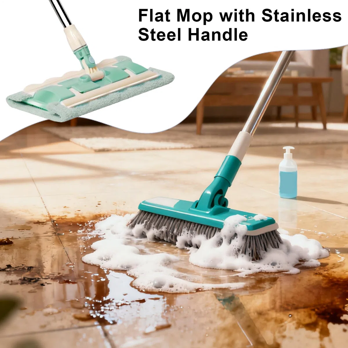 Mopa Plana De Microfibra 7 Almohadillas Mango Telescópico Fregado Rápido | Mopa Giratoria 360° Para Suelos Mantenimiento Diario Hogar Baño Cocina Tarima Azulejos Grandes Áreas