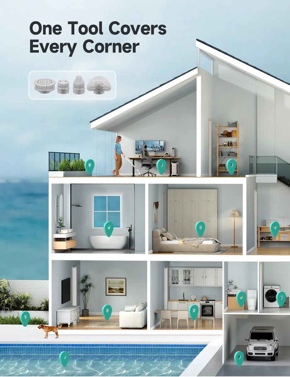 HiCOZY Cepillo Limpieza Eléctrico HS1, Fregona Eléctrica con 4 Cabezales de Cepillo Reemplazables Mango Extensible Ajustable y Batería Recargable para Baño, Suelo, Azulejos, Cocina, Gris Oscuro