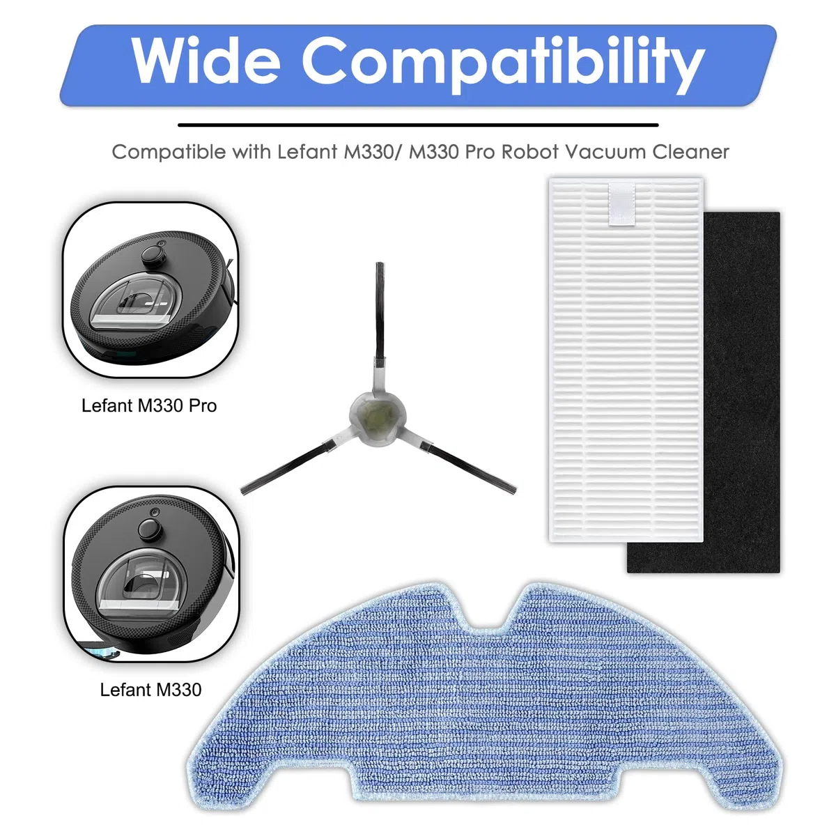 (14 Piezas) M330/ M330 Pro Piezas de Repuesto Compatibles Robot Aspirador Lefant M330 Pro, 6 Cepillos Laterales, 6 Filtros HEPA con Filtros de Espuma, 2 Almohadillas para Fregona, Kit de Accesorios