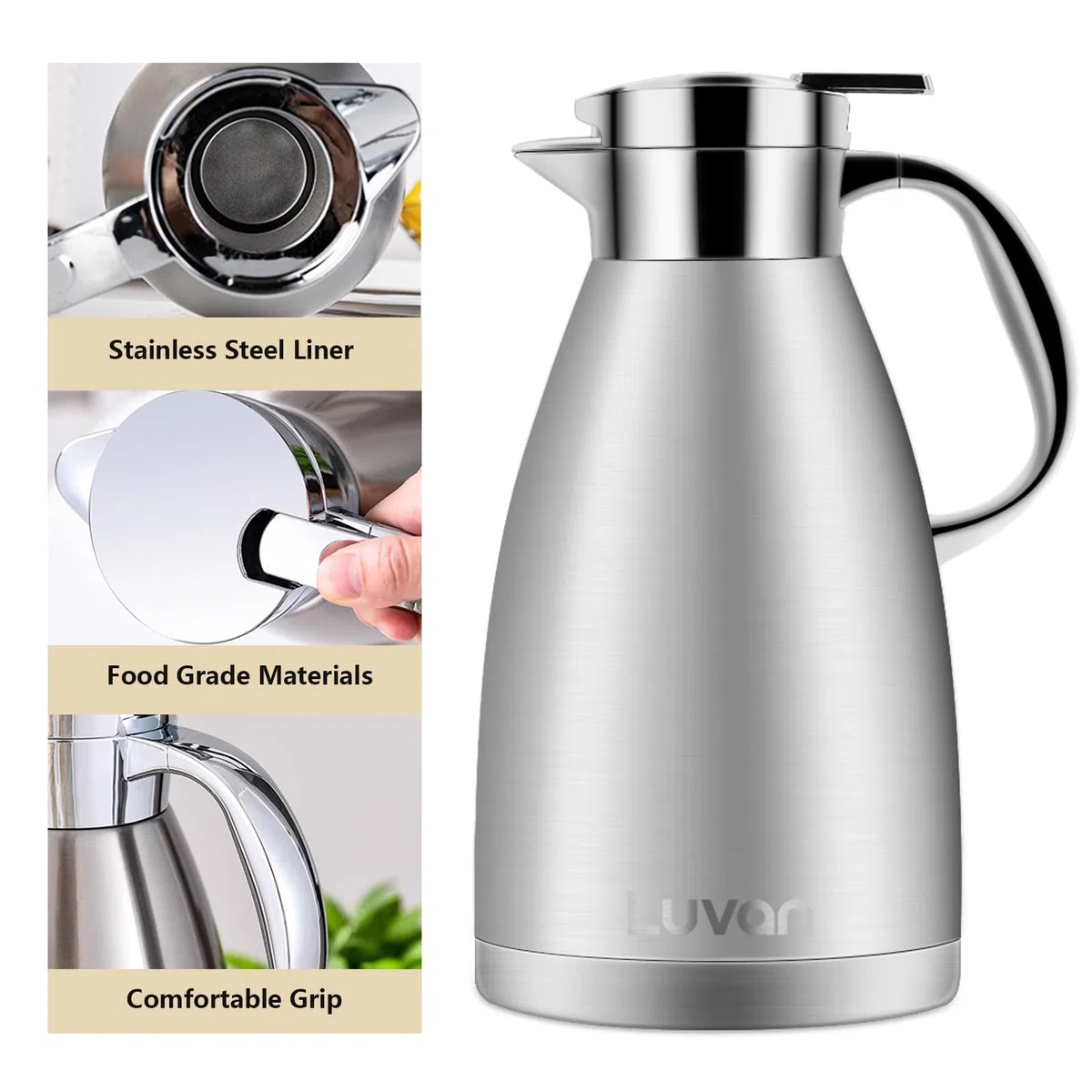 Luvan 1.8L 18/10 Jarra Térmica Termo, Anti-Goteo, Anti-Quemaduras, La cafetera de Aislamiento, café, (Plata-1.8)