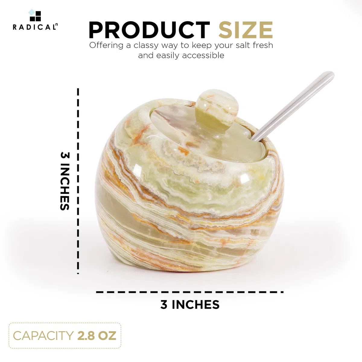 Radicaln Caramelo de sal de mármol con forma de manzana y cuchara de 7,6 cm, ónix verde, hecho a mano, recipiente para sal de cocina, moderno salero con tapa, caja de sal con tapa y tarro de especias
