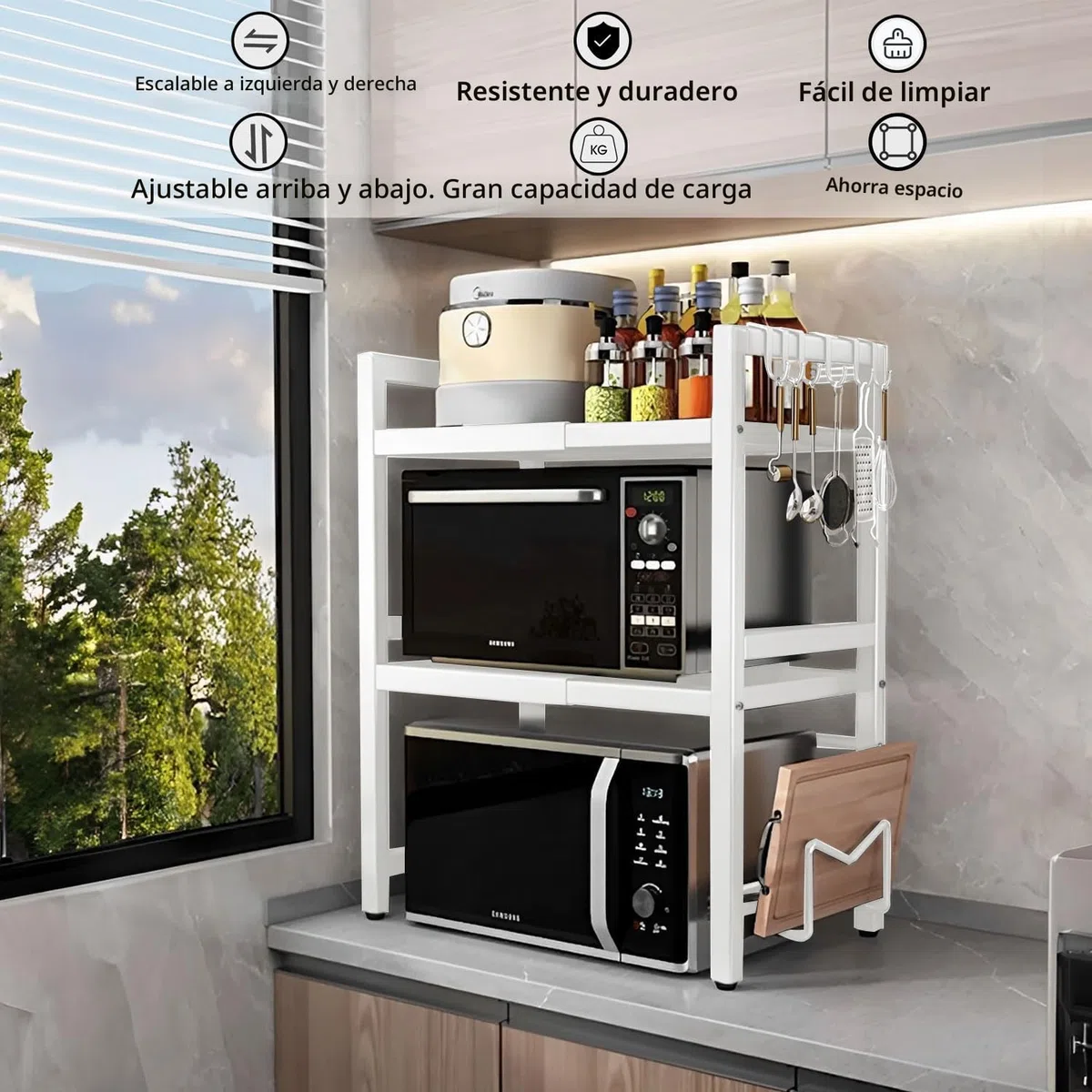 devesanter Estantería para microondas de 3 niveles, organizador con 5 ganchos, estante de cocina, estante para especias, extensible, para encimera, para panadería de 40-6