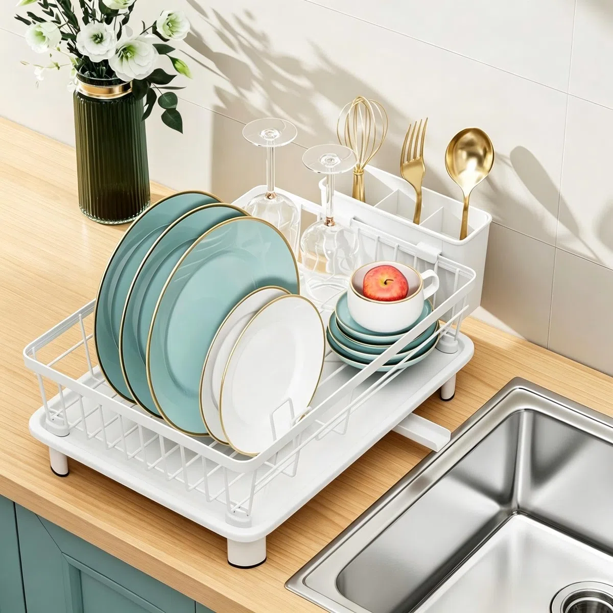 Escurreplatos Blanco Escurridor de Platos Acero Inoxidable Escurreplatos con Bandeja de Goteo Dish Drying Rack con Cesta para Cubiertos (Blanco, Pequeño)