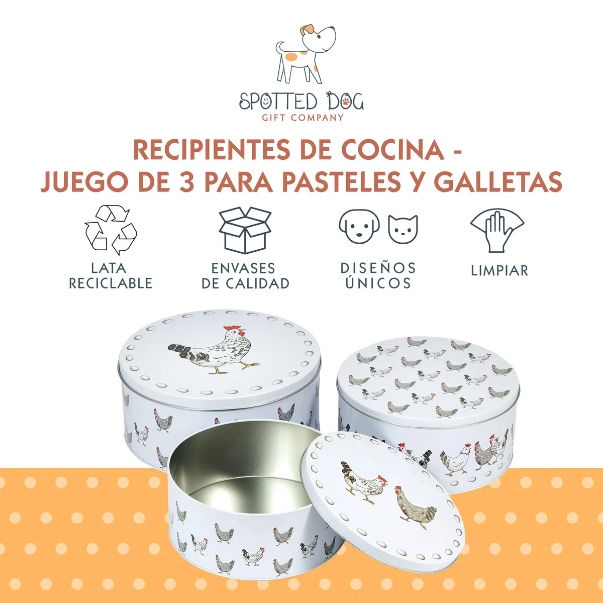SPOTTED DOG GIFT COMPANY Juego de 3 Latas Almacenamiento para Tartas Redondas, Cajas para Galletas y Pasteles de Metal, Apilables Herméticos, Pequeño 20x9, Mediano 22x10, Grande 25x11cm - Gallinas