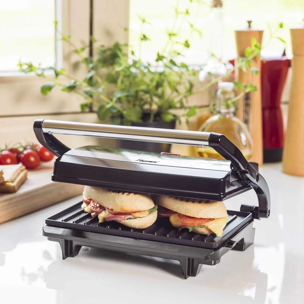 Bestron Parrilla Sandwichera Panini con Revestimiento Antiadherente, 700 W, Negro