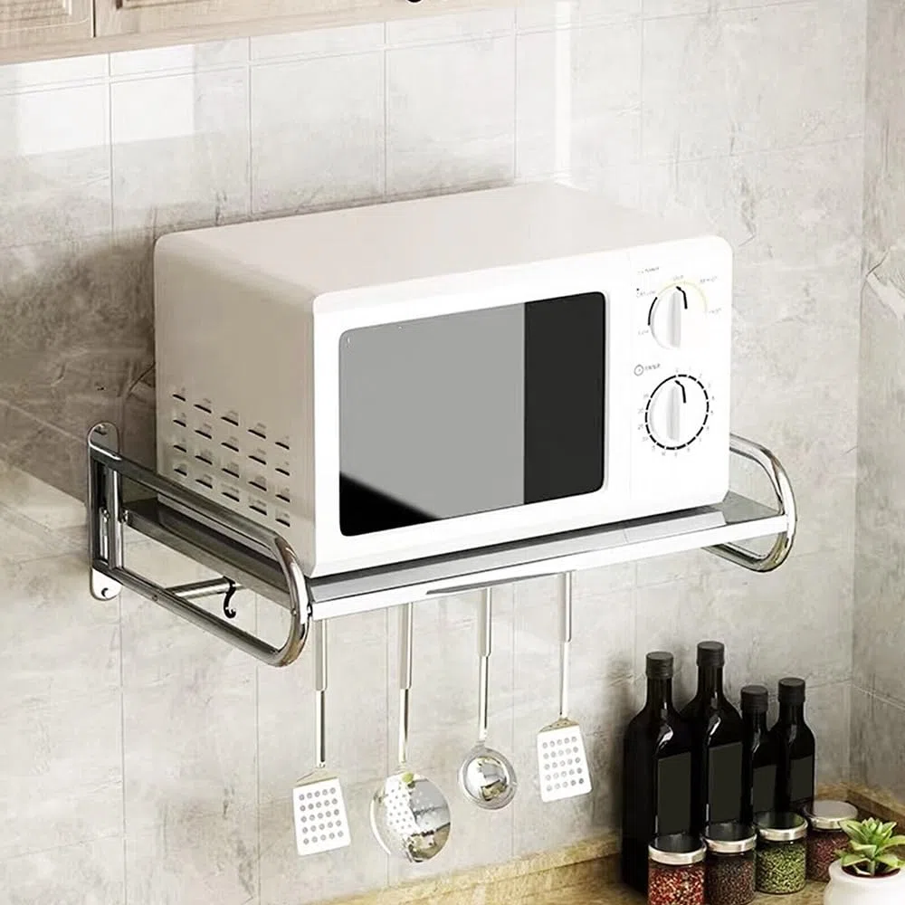 Estantería para microondas de acero inoxidable, soporte para horno y microondas, estante de cocina con gancho móvil