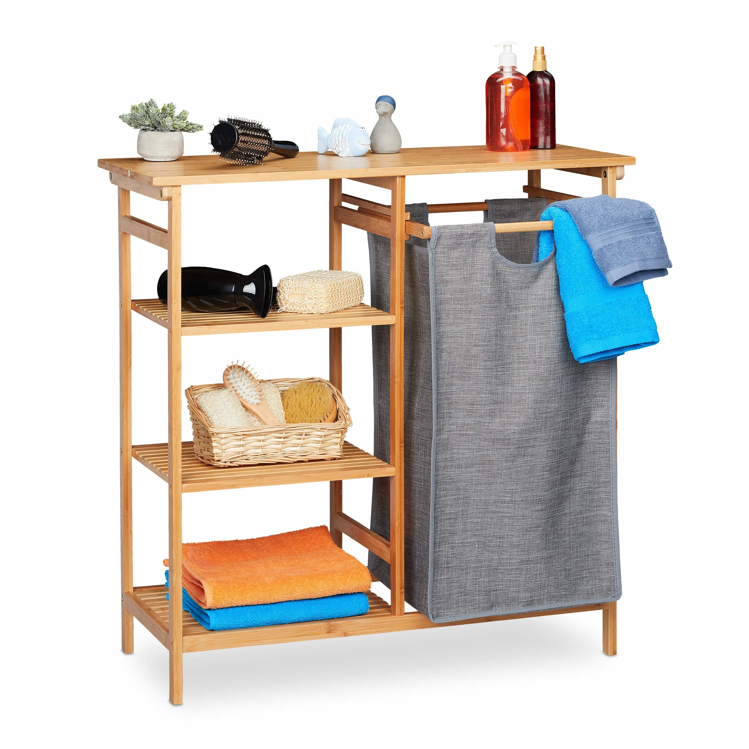 Relaxdays Estantería Baño con Cesto Ropa Sucia Abatible, Armario Bambú, Saco Textil, 80,5x80x33,5 cm, Natural y Gris
