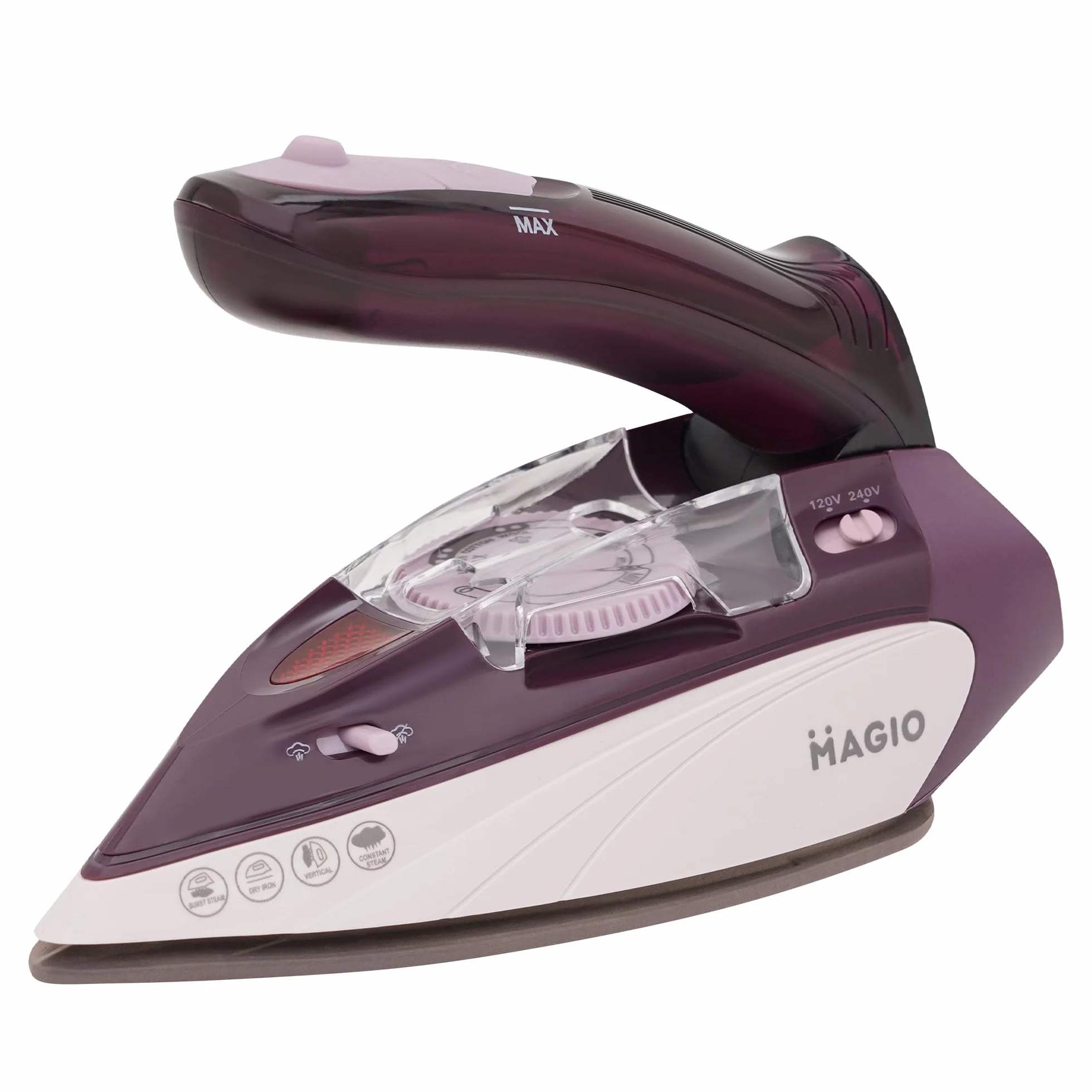 Plancha de vapor de viaje MAGIO | Steamer | 1100 W | Mango plegable | Doble voltaje 120V–240V | Mini plancha ultraligera de 0,7 kg | Suela cerámica | Regulador de temperatura