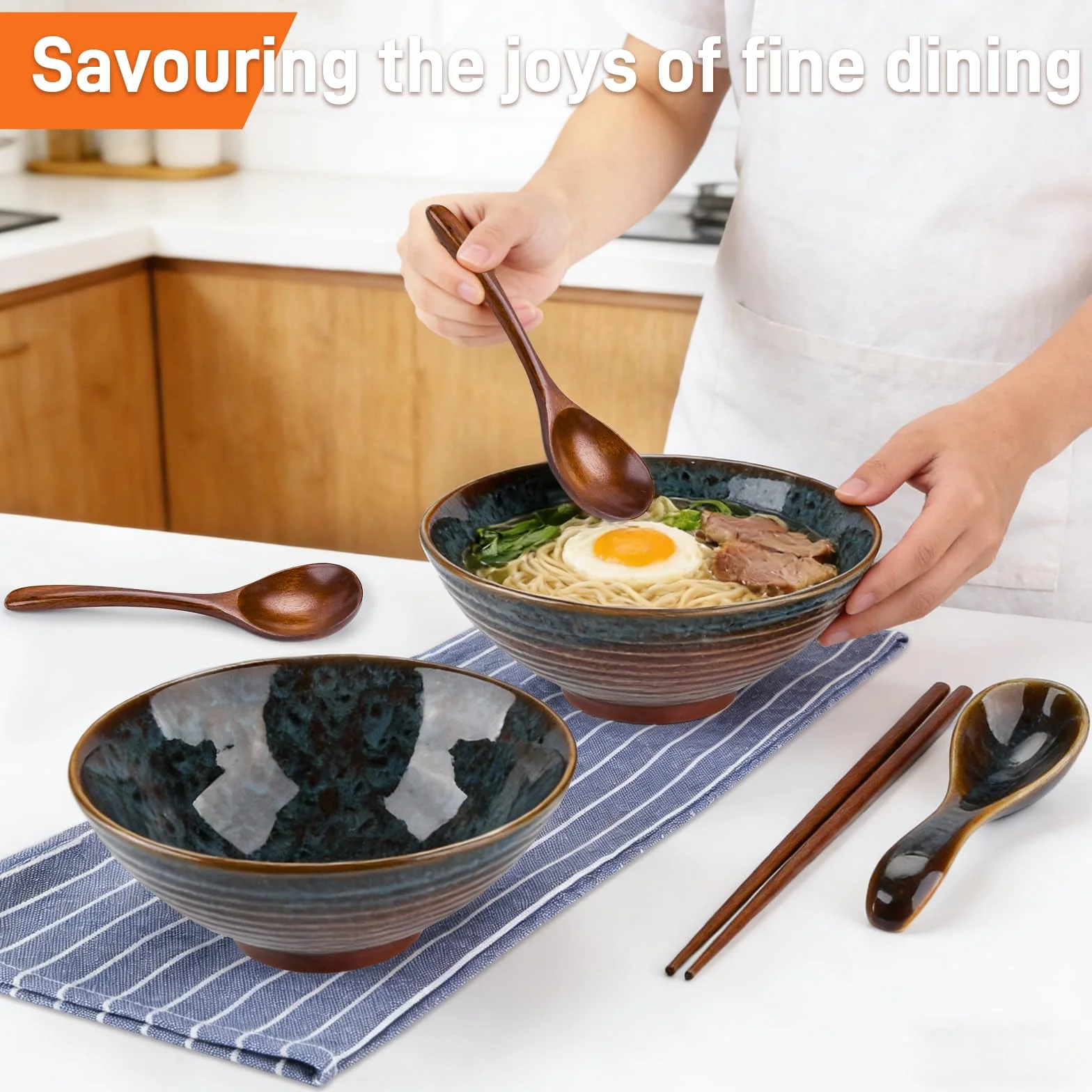 2 Juegos Tazón de Ramen Japonés,Juegode Cuencos de Ramen 1000ml,Ramen Bowl de Cerámica con Palillos y Cuchara, Tazones de Sopa de Fideos para Ensalada Frutas, Verduras, Fideos, Cereales, Sopa